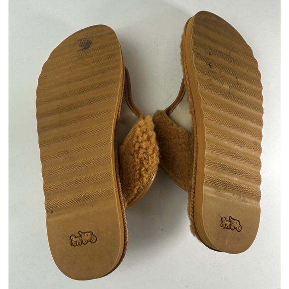 Coach Hollie Flip Flops Plush Shearling Slip On Thong Sandals Butterscotch Sz 9B - Picture 7 of 14